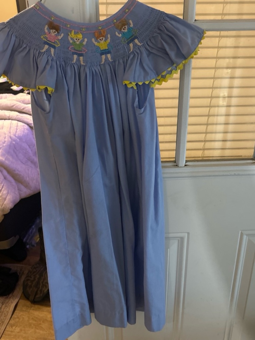 Others Follow Light Blue Smocked Flutter Sleeve Dress with Yellow Trim